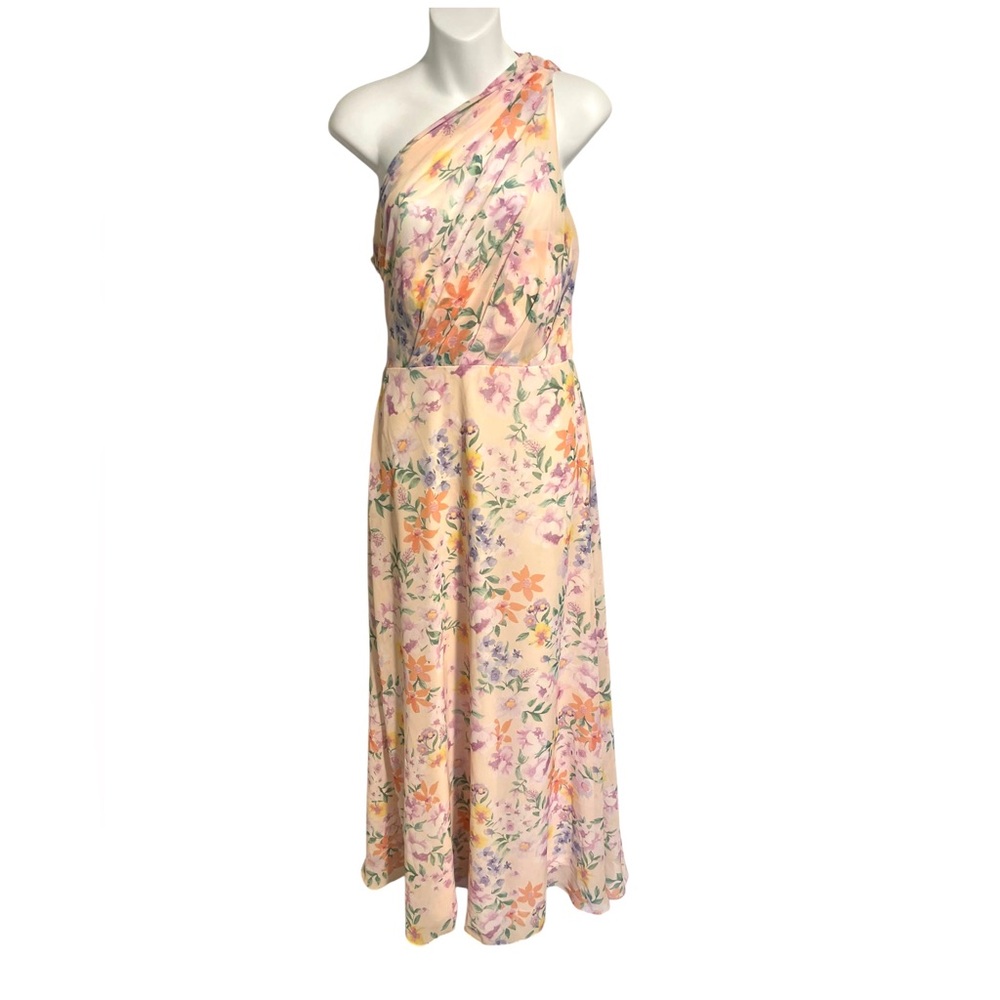 Birdy Grey Kira Chiffon One Drape Shoulder Maxi Dress Botanical Floral Sz Medium
